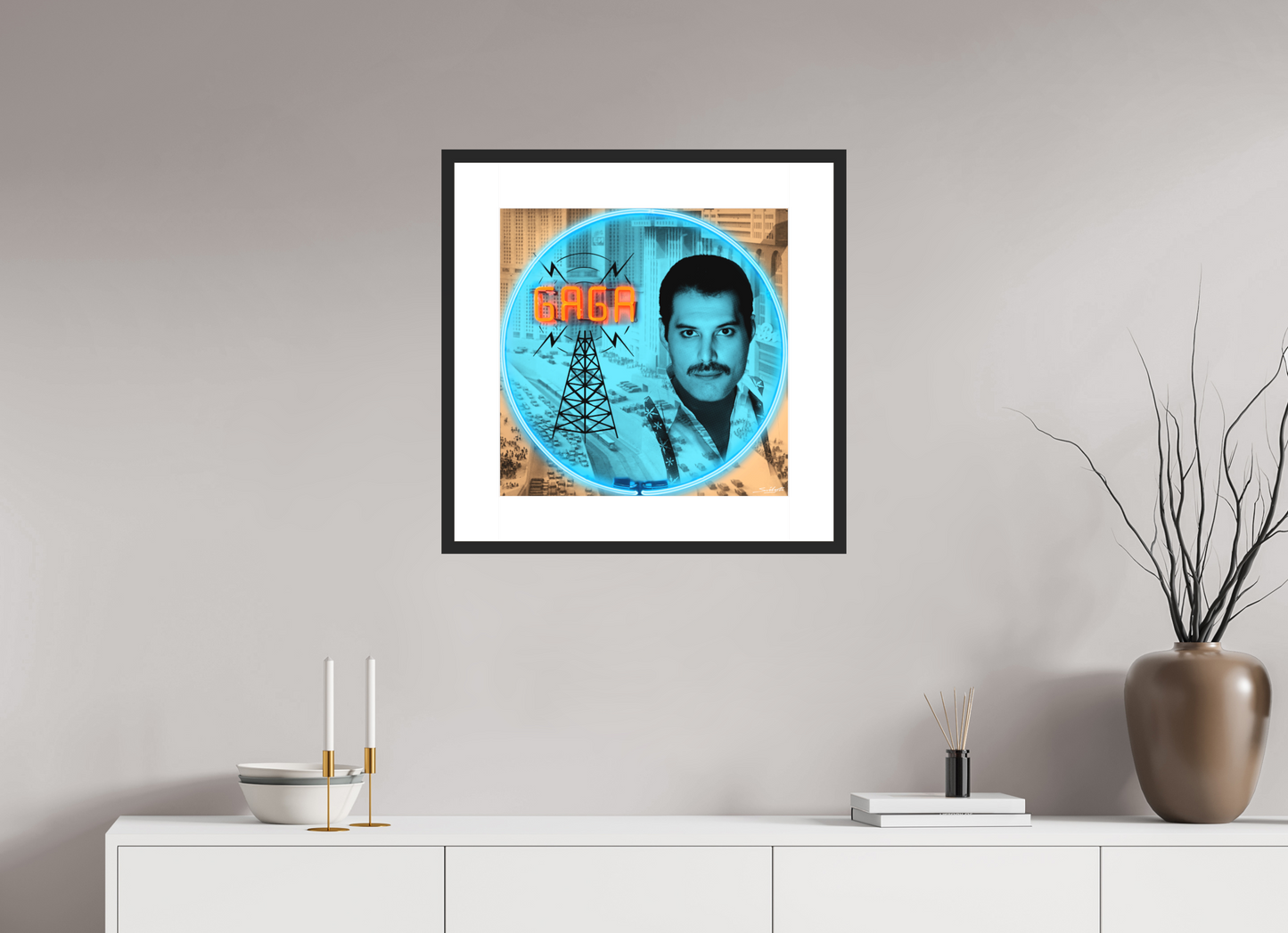 Radio Ga Ga Freddie Mercury ( Queen ). Photographic print of original neon art by artist Louis Sidoli. Available to purchase at Iconic Galleries.