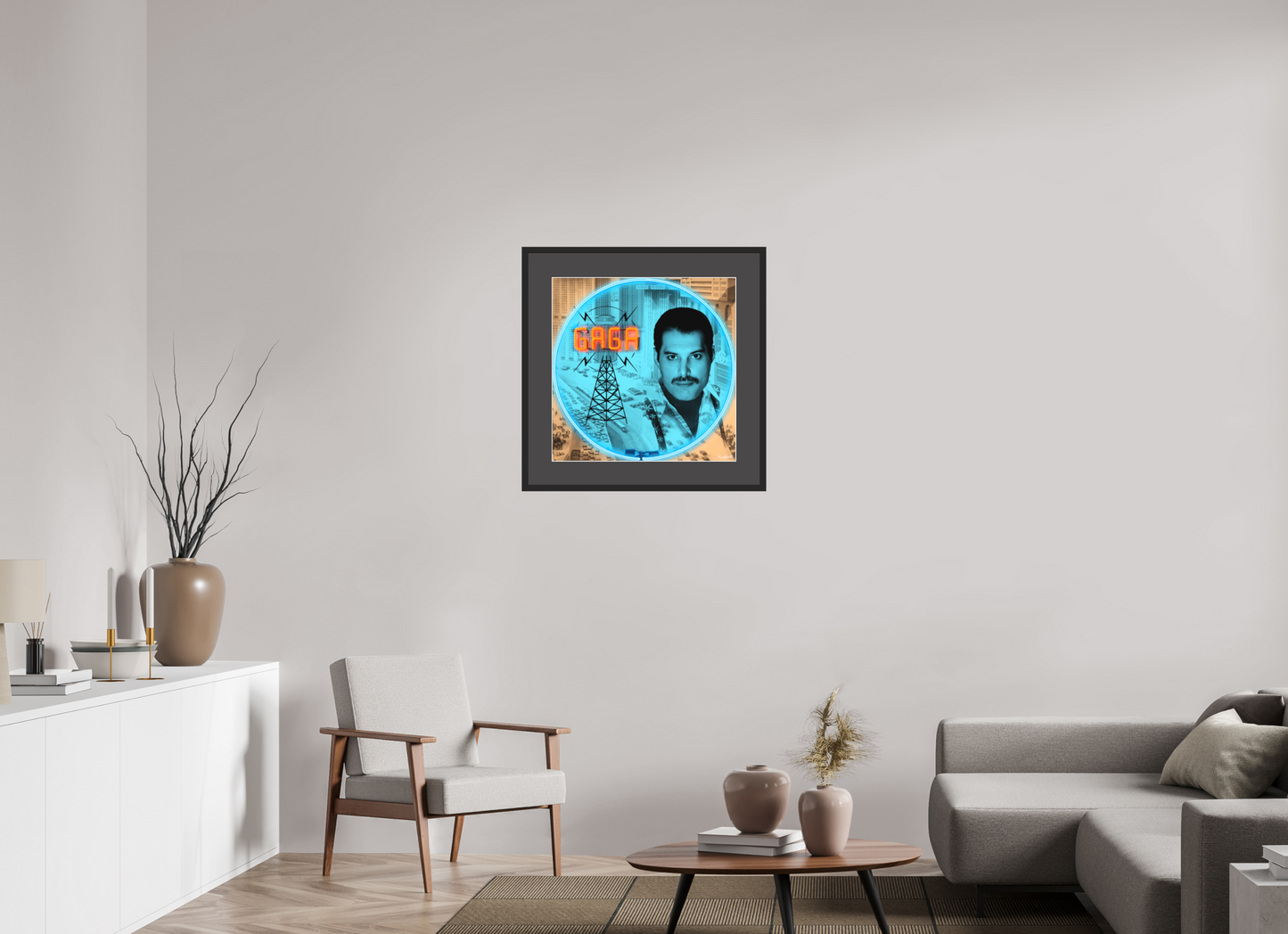 Radio Ga Ga Freddie Mercury ( Queen ). Photographic print of original neon art by artist Louis Sidoli. Available to purchase at Iconic Galleries.