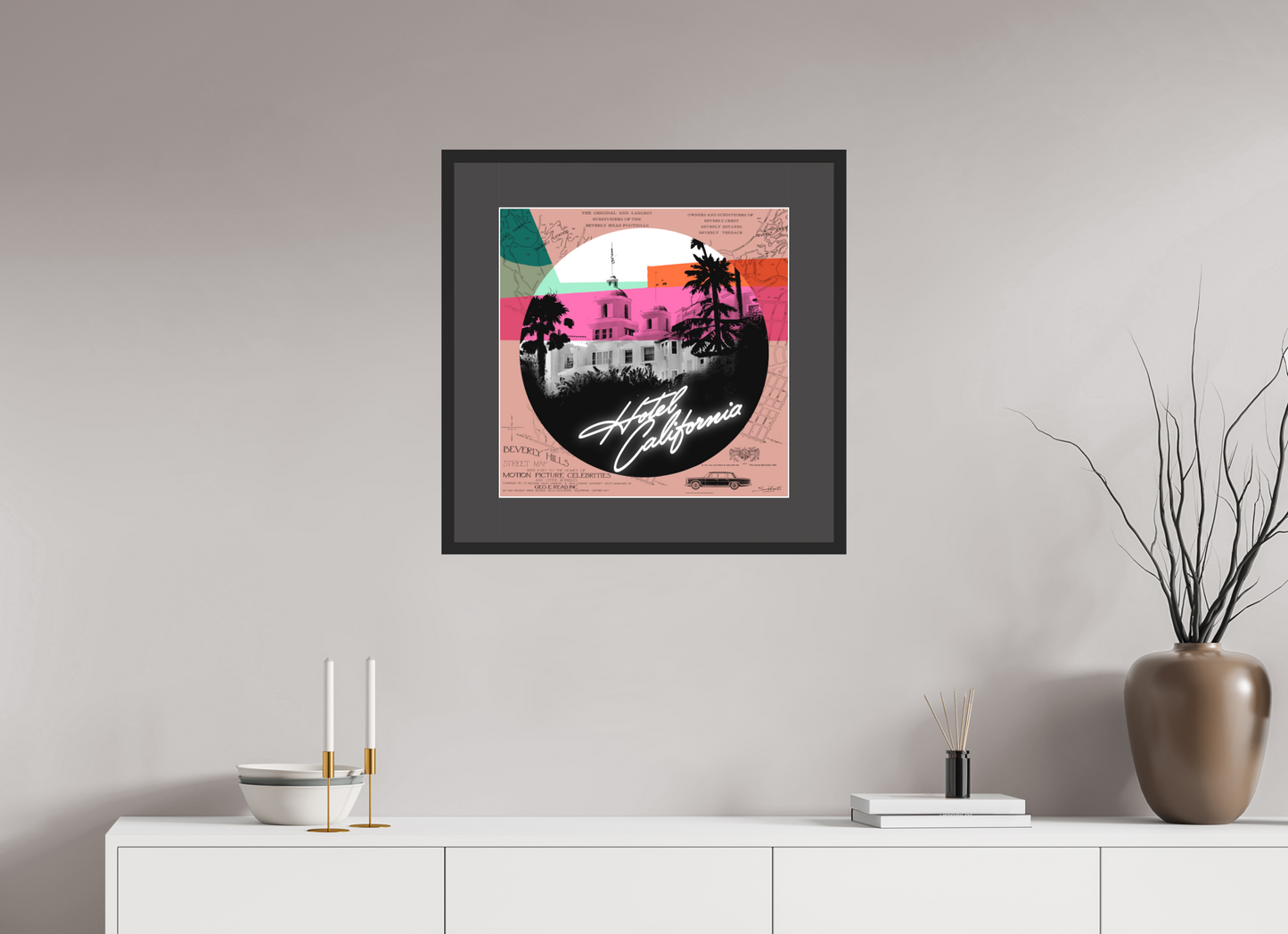 Hotel Caliifornia (The Eagles) Photographic pop-art print by artist Louis Sidoli. Available to purchase at Iconic Galleries. 