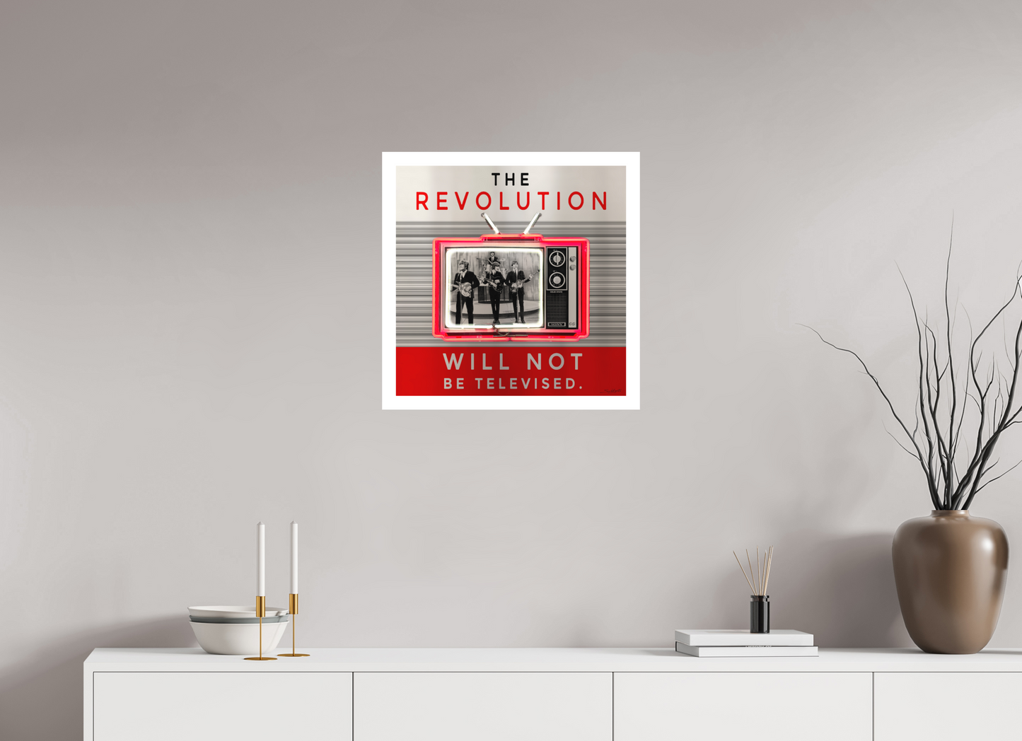 The Revolution Will Not Be Televised ( The Beatles / Gill Scott Heron ). Neon art print by artist Louis Sidoli. Available to purchase at Iconic Galleries. 