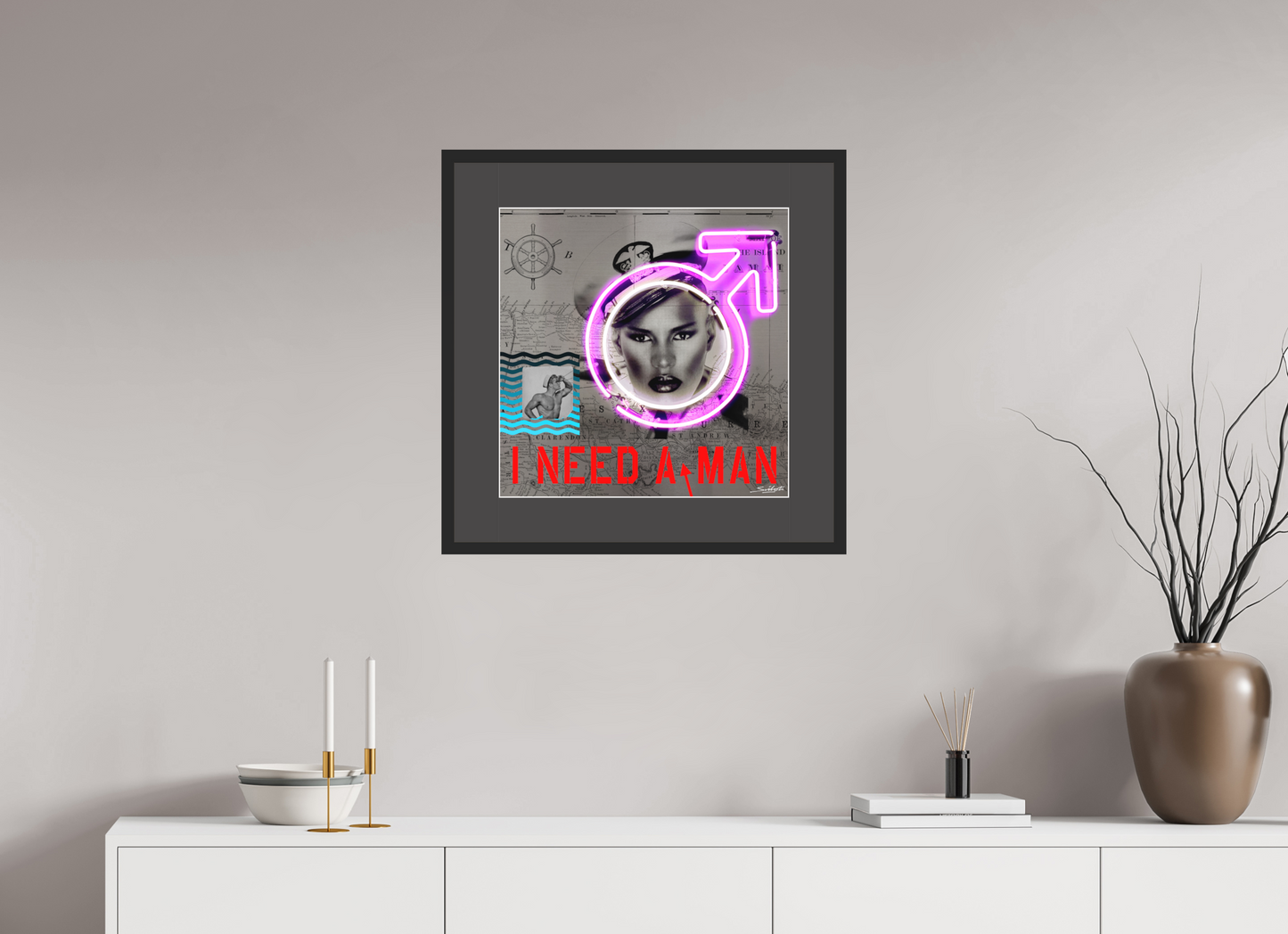 "I Need A Man" Grace Jones neon art print by artist Louis Sidoli. Available to purchase at Iconic Galleries. 