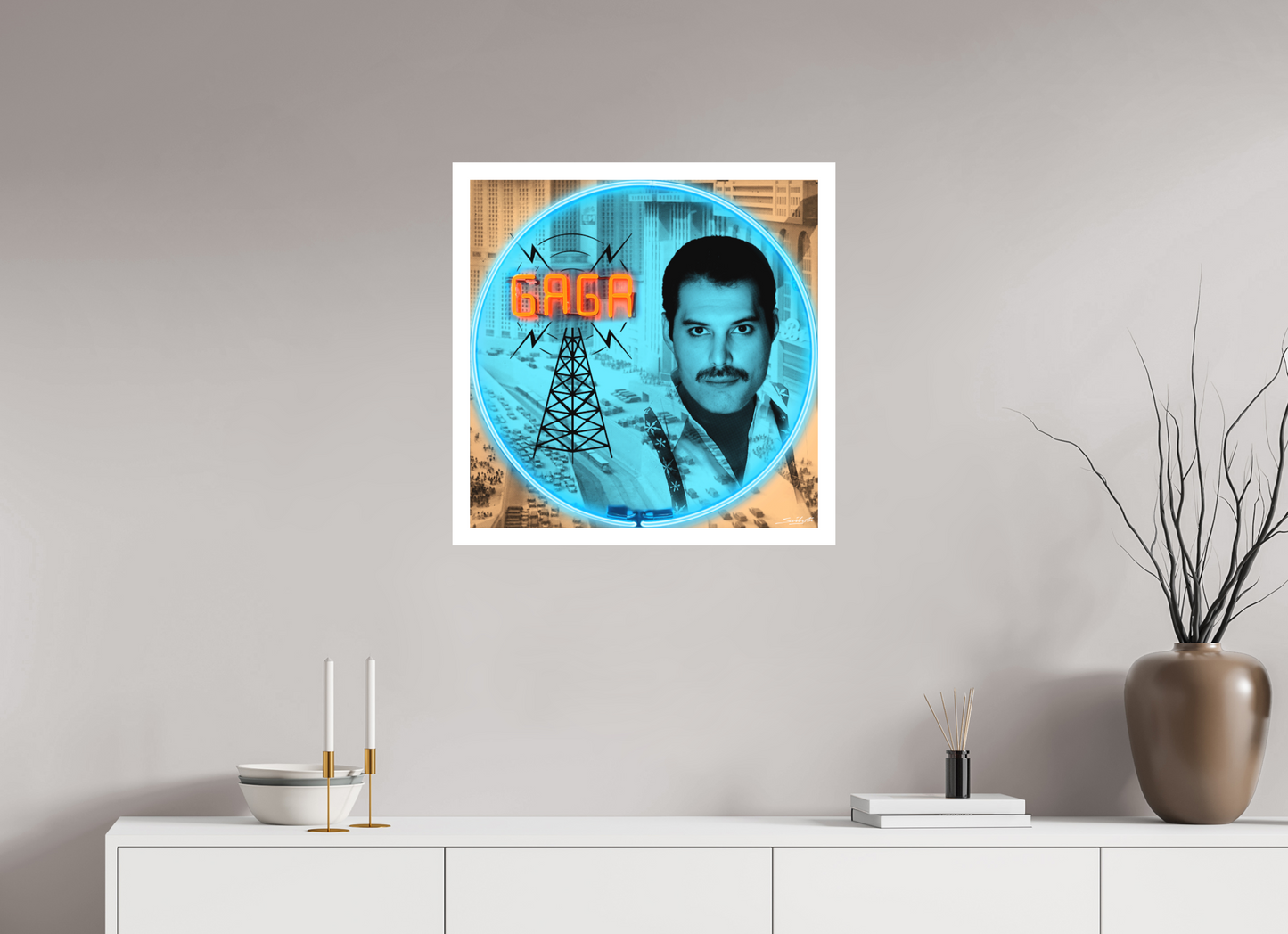Radio Ga Ga Freddie Mercury ( Queen ). Photographic print of original neon art by artist Louis Sidoli. Available to purchase at Iconic Galleries. 