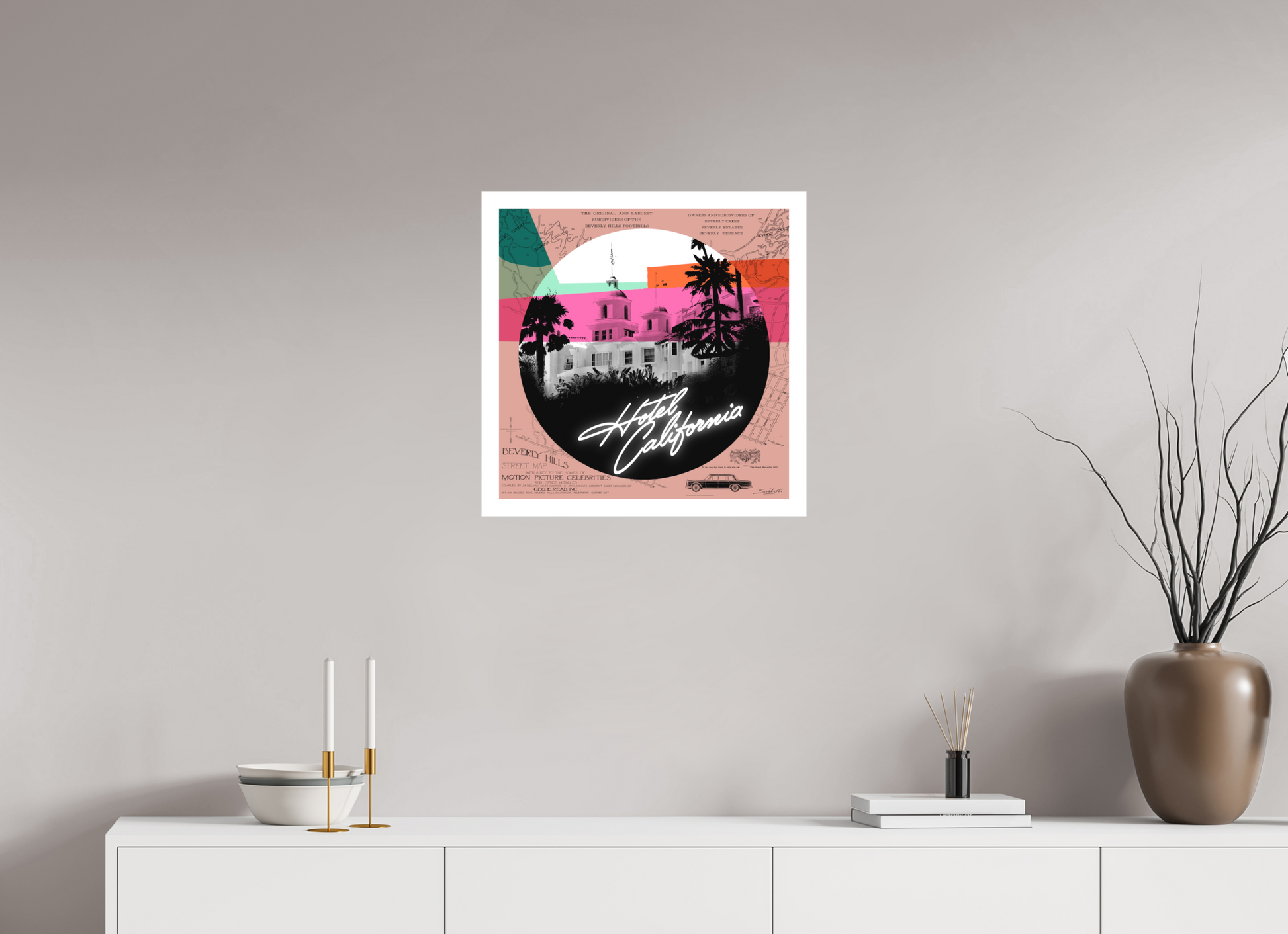 Hotel Caliifornia (The Eagles) Photographic pop-art print by artist Louis Sidoli. Available to purchase at Iconic Galleries. 