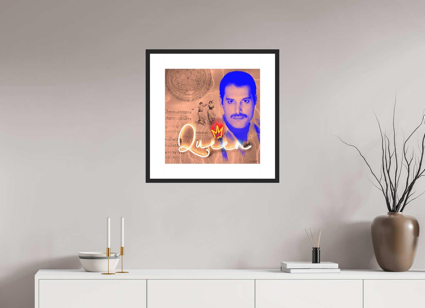 Bohemian Rhapsody  ( Freddie Mercury ). Photographic neon pop-art print by artist Louis Sidoli. Available to purchase at Iconic Galleries.