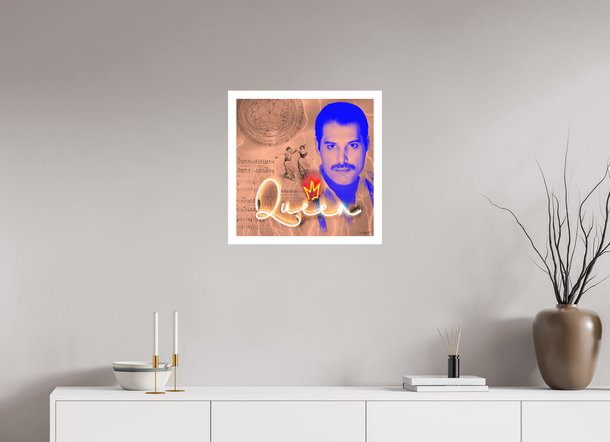 Bohemian Rhapsody  ( Freddie Mercury ). Photographic neon pop-art print by artist Louis Sidoli. Available to purchase at Iconic Galleries.