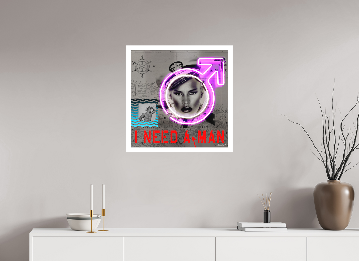 "I Need A Man" Grace Jones neon art print by artist Louis Sidoli. Available to purchase at Iconic Galleries. 
