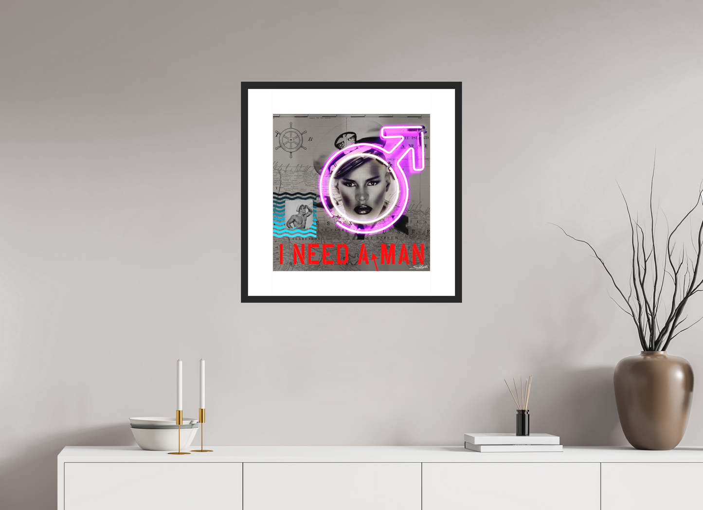 "I Need A Man" Grace Jones neon art print by artist Louis Sidoli. Available to purchase at Iconic Galleries. 