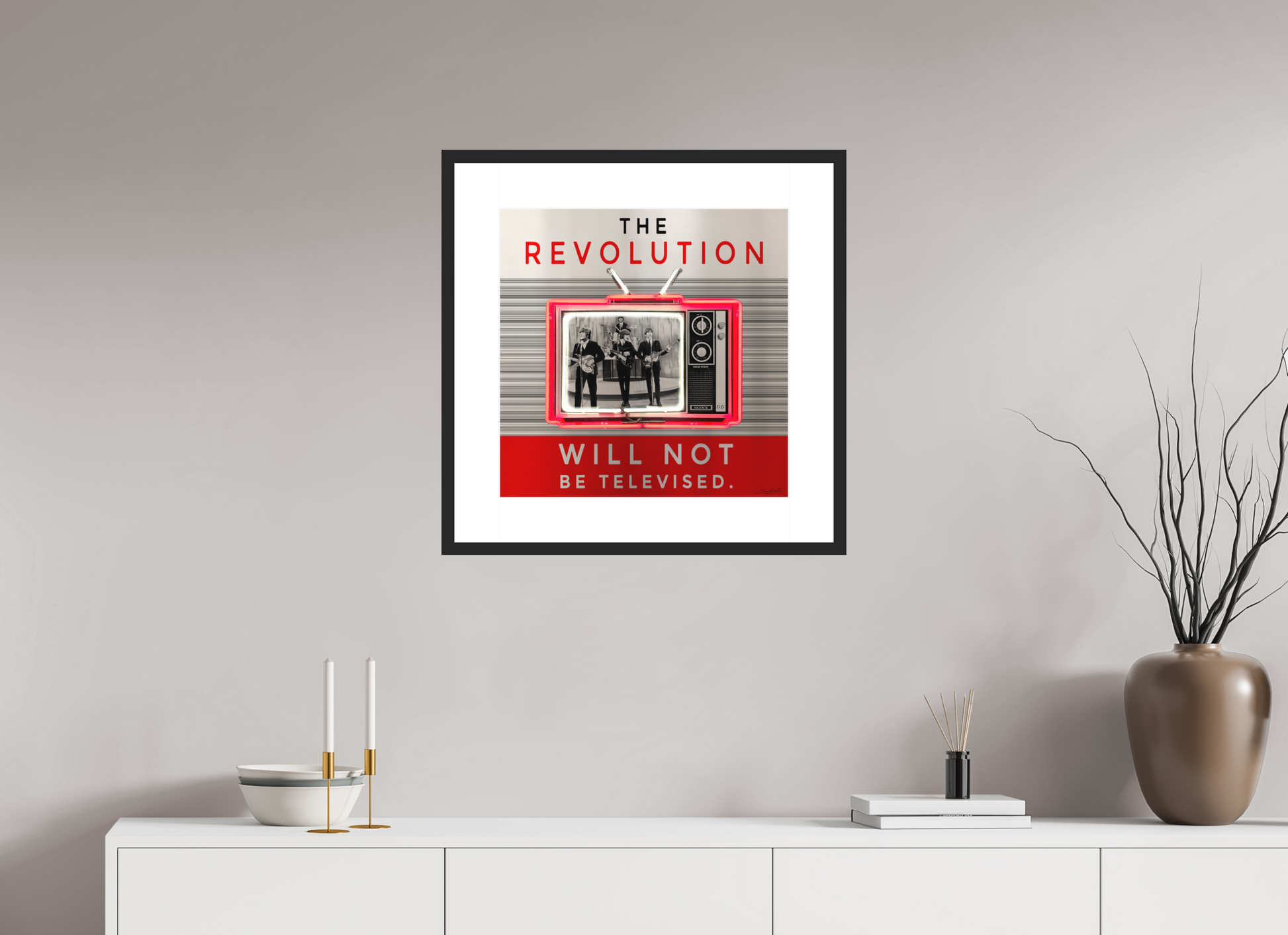 The Revolution Will Not Be Televised ( The Beatles / Gill Scott Heron ). Neon art print by artist Louis Sidoli. Available to purchase at Iconic Galleries. 