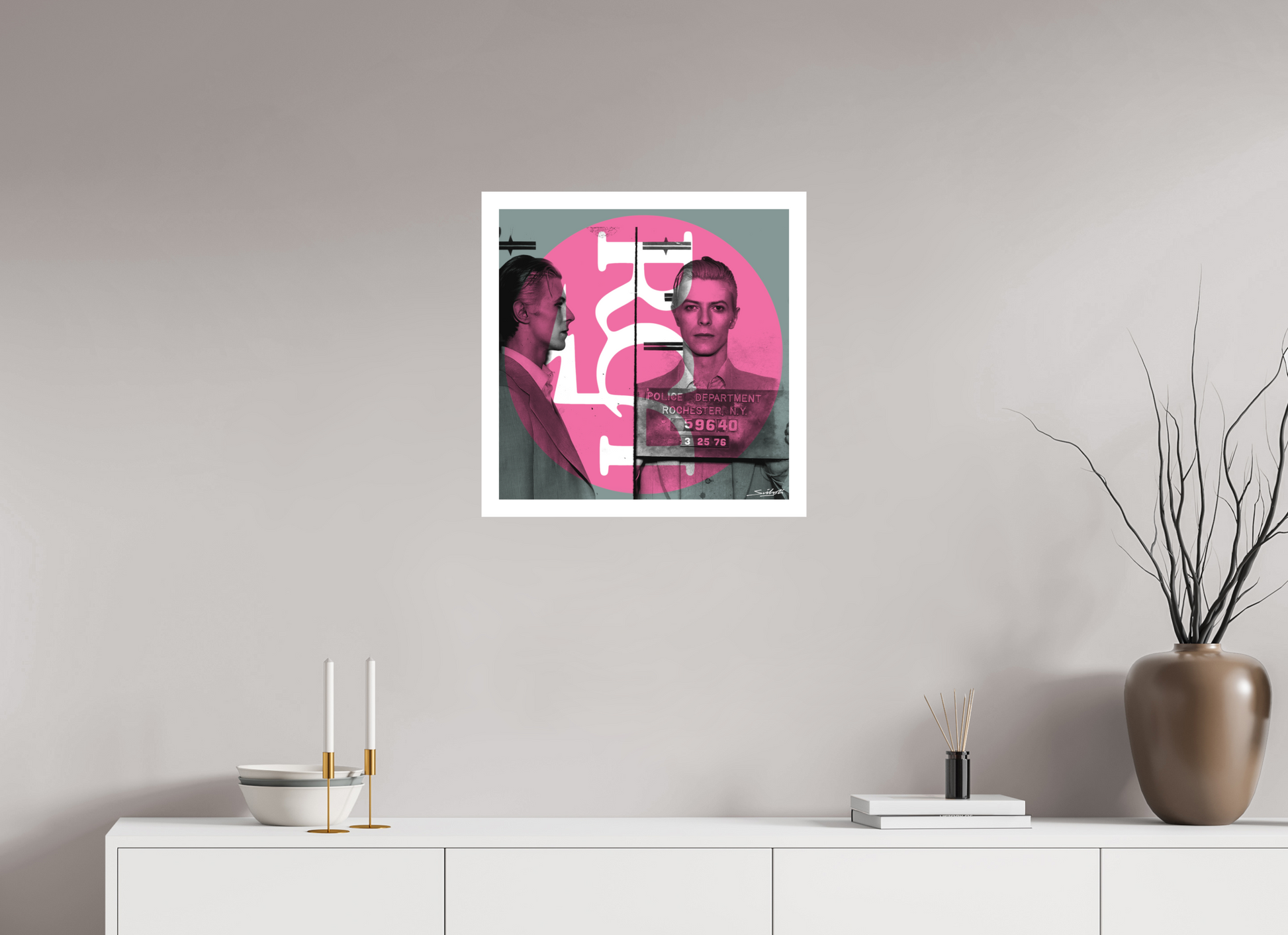 "RCA" David Bowie (Most Wanted)  mugshot art. print by artist Louis Sidoli. Available to purchase at Iconic Galleries. 