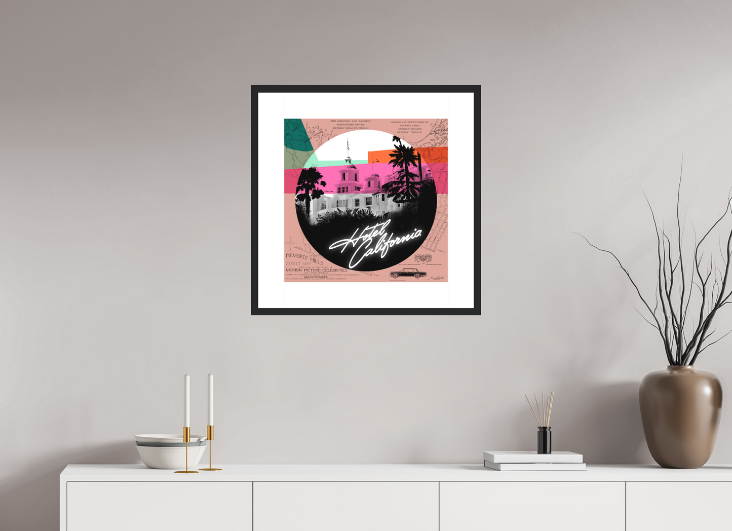 Hotel Caliifornia (The Eagles) Photographic pop-art print by artist Louis Sidoli. Available to purchase at Iconic Galleries. 