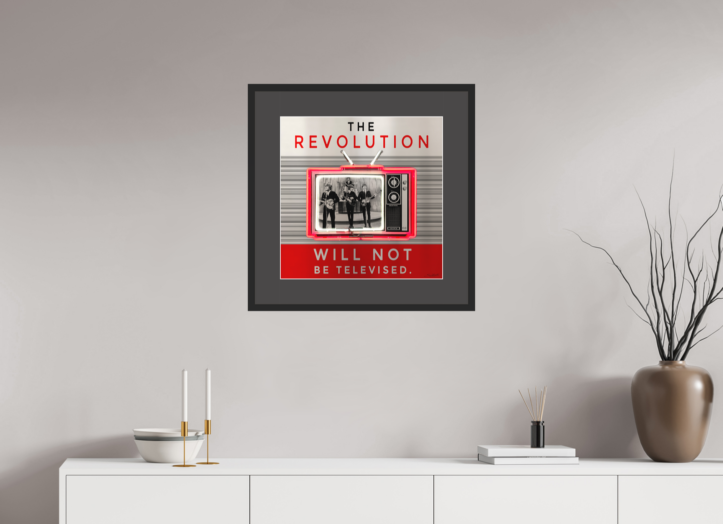 The Revolution Will Not Be Televised ( The Beatles / Gill Scott Heron ). Neon art print by artist Louis Sidoli. Available to purchase at Iconic Galleries. 