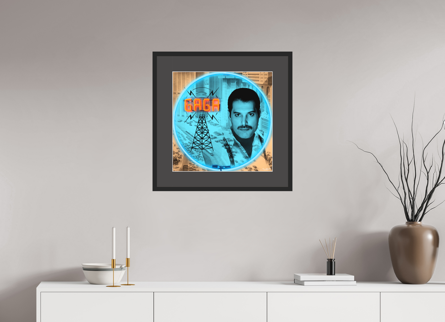Radio Ga Ga Freddie Mercury ( Queen ). Photographic print of original neon art by artist Louis Sidoli. Available to purchase at Iconic Galleries. 