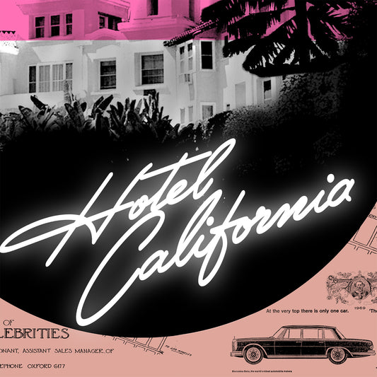 Hotel Caliifornia (The Eagles) Photographic pop-art print by artist Louis Sidoli. Available to purchase at Iconic Galleries. 