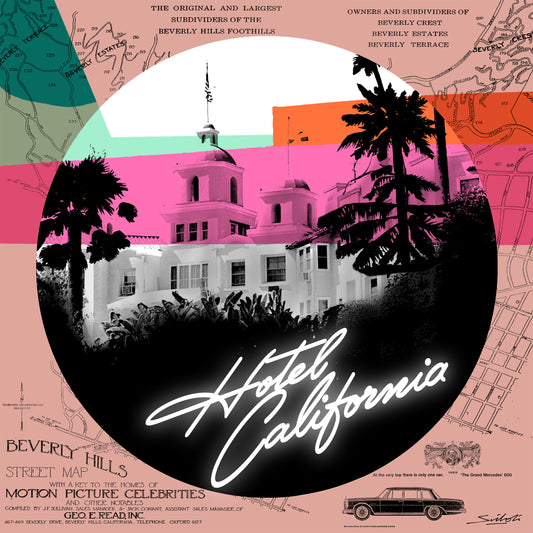 Hotel Caliifornia (The Eagles) Photographic pop-art print by artist Louis Sidoli. Available to purchase at Iconic Galleries. 