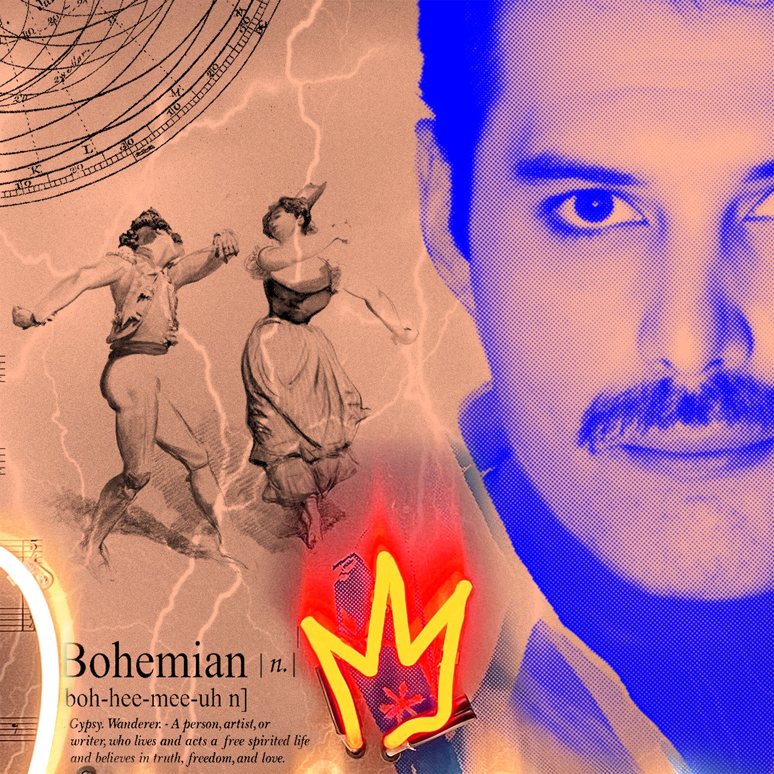 Bohemian Rhapsody  ( Freddie Mercury ). Photographic neon pop-art print by artist Louis Sidoli. Available to purchase at Iconic Galleries.