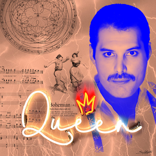 Bohemian Rhapsody  ( Freddie Mercury ). Photographic neon pop-art print by artist Louis Sidoli. Available to purchase at Iconic Galleries.