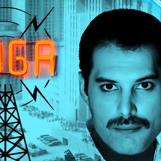 Radio Ga Ga Freddie Mercury ( Queen ). Photographic print of original neon art by artist Louis Sidoli. Available to purchase at Iconic Galleries. 