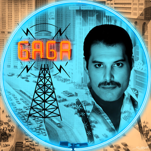 Radio Ga Ga Freddie Mercury ( Queen ). Photographic print of original neon art by artist Louis Sidoli. Available to purchase at Iconic Galleries. 
