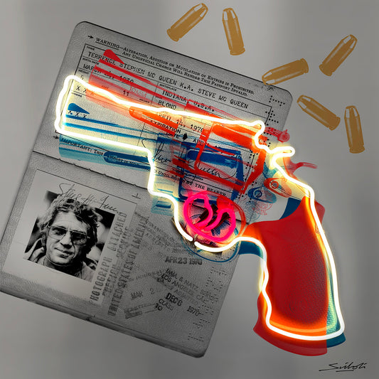 The Getaway ( Steve McQueen ). Photographic neon pop-art print by artist Louis Sidoli. Available to purchase at Iconic Galleries. 