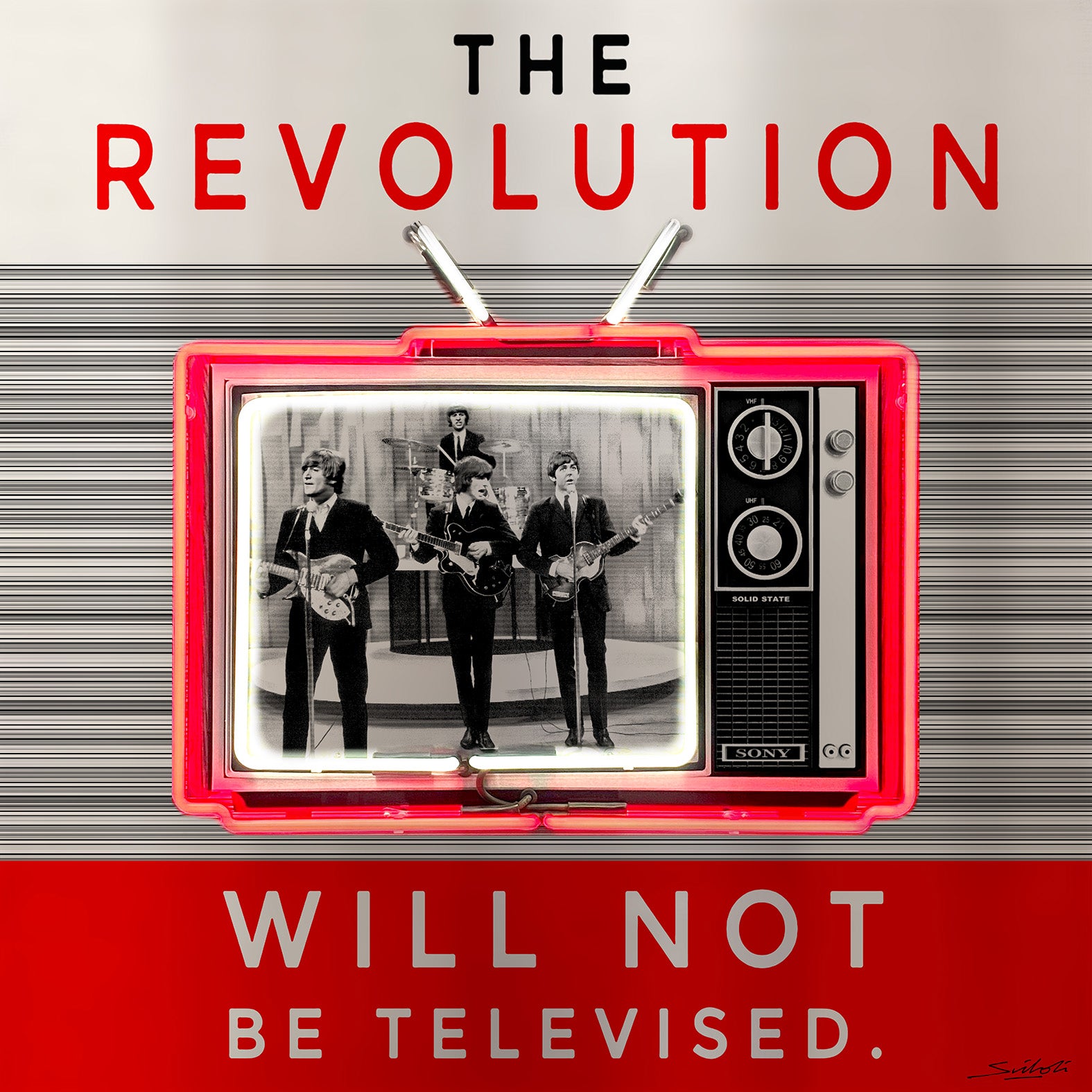 The Revolution Will Not Be Televised ( The Beatles / Gill Scott Heron ). Neon art print by artist Louis Sidoli. Available to purchase at Iconic Galleries. 