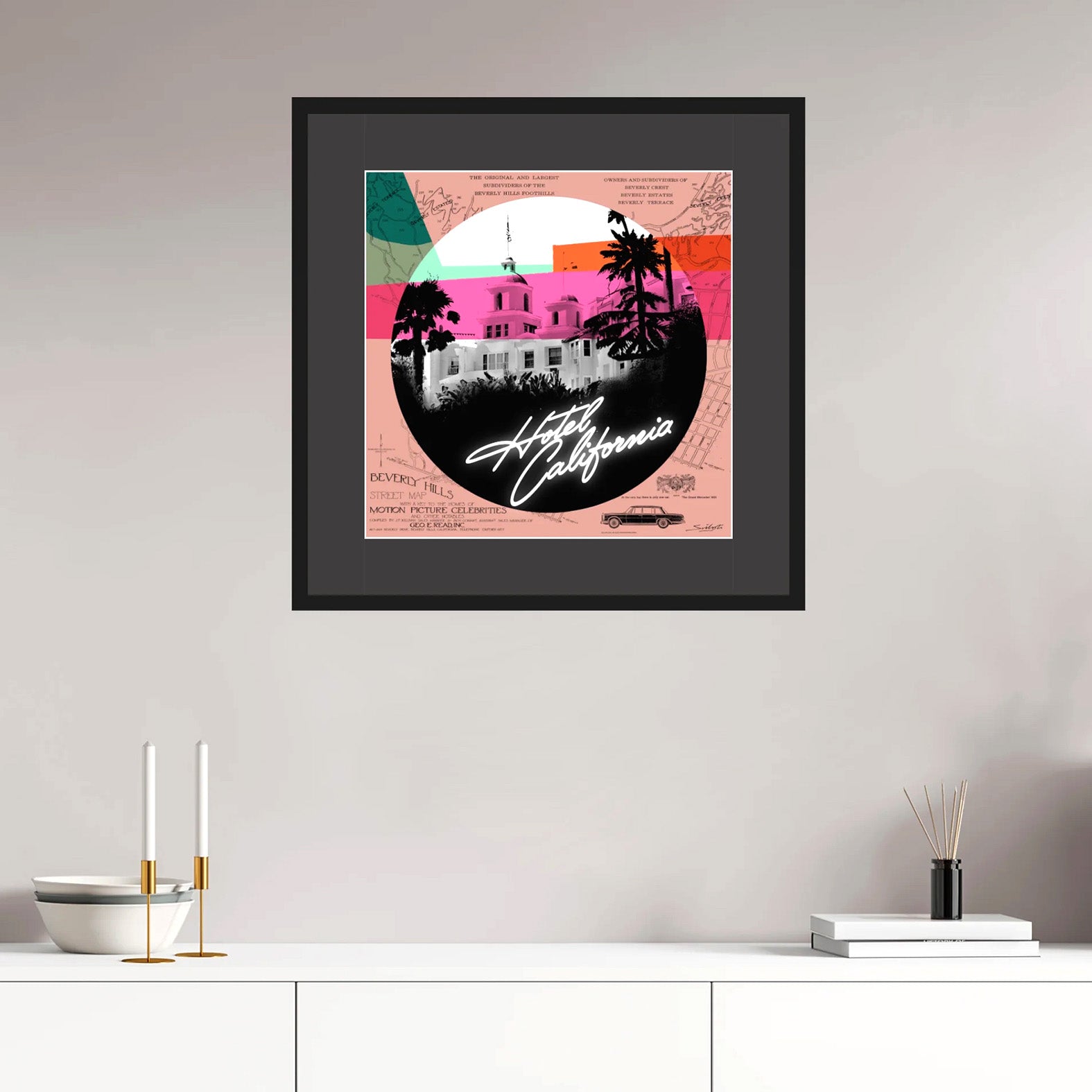 Hotel Caliifornia (The Eagles) Photographic pop-art print by artist Louis Sidoli. Available to purchase at Iconic Galleries. 